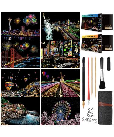 Scratch Art for Adults Kids, Rainbow Painting Night View Scratchboard(A4),  Crafts Set: 8 Sheets Scratch Cards with 6 tools in Bag - New York, Statue  of Liberty, Cinque Terre, Seattle(America / Europe)