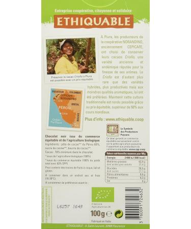 Ethiquable Dark Chocolate 70% Cocoa Peru Pack of 5 x 100g - Buy Online on GoSupps.com