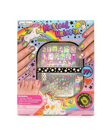 Hot Focus Unicorn Nail Kit Kids Nail Polish Set for Girls Ages 5 6 7-12 with 77+ Pieces Spa Kit Nail Art Decoration Set Glow-in-the-dark nail patches Stickers and Water-Based Polish - Girls' Nail Kit.