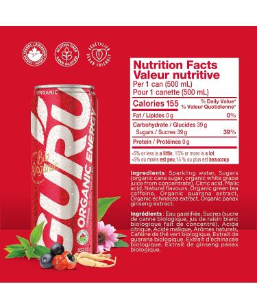 GURU Organic Energy Drink - Original - Enhance your physical and mental Energy - Plant Based Ingredients - Non-GMO - Healthy Energy - Vegan - Low Sugar - Natural Caffeine - 500 ml (Pack of 12) - Buy Online on GoSupps.com