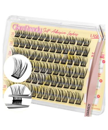LASHVIEW Self Adhesive Lash Clusters Eyelashes Press-on Lashes 10-16mm Individual Lash Extension Kit with Lash Tweezers No Glue Needed Natural Self Adhesive DIY Eyelash Extension Kit 60pcs (A01)