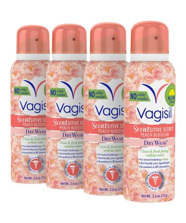 Vagisil Scentsitive Scents Feminine Dry Wash Deodorant Spray for Women Gynecologist Tested Paraben Free Peach Blossom 2.6 Ounce (Pack of 4) Peach Blossom 2.6 Ounce (Pack of 4)
