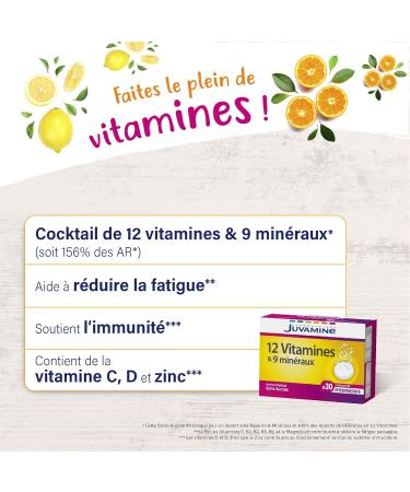 JUVAMINE - 12 Vitamins & 9 Minerals - Fatigue - Stress - Vitamins C B2 B3 B6 B9 and Iron - 30 Day Program - 30 Effervescent Tablets - Tropical Flavor - Made in France - Buy Online on GoSupps.com