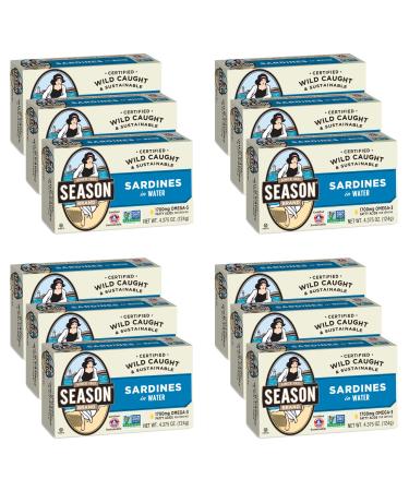 Season Sardines in Water | Gluten Free, Keto, Paleo, Non-GMO, Omega-3 Fatty Acids, Sugar Free, Salt Added | Certified Wild Caught & Sustainable Fresh Fish | 4.375 oz (Pack of 12) 4.38 Ounce (Pack of 12)