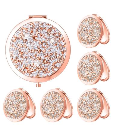 6 Pieces Magnifying Compact Cosmetic Mirror Diamond 1X/ 2X Makeup Mirror 2.75 Inch Round Pocket Travel Makeup Folding Small Purse Size Mirror for Women Girls Bridesmaid Gift (Clear Rose Gold) Clear Rose Gold 6