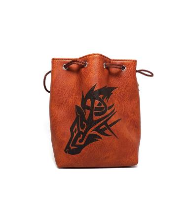 Brown Leather Lite Large Dice Bag with Wolf Design - Brown Faux Leather Exterior with Lined Interior - Stands Up on its Own and Holds 400 16mm Polyhedral Dice