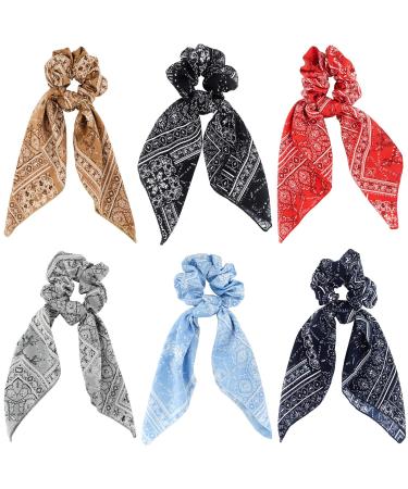 Cutewing Hair Scarf Ties Paisley Ponytail with Scarf 2 in 1 Hair Scrunchies Scarf Strong Elastic Hair Scrunchy Hair Bows Hair Bands Hair Accessories for Women Girls with 6PCS MO10A