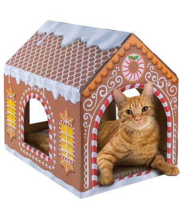 LiBa Cardboard Holiday Cat House with Scratch Pad and Catnip, Cat Bed for Indoor Cats, Cat Scratching Toy, Christmas Decorations Cat Gifts for Cats A. Gingerbread