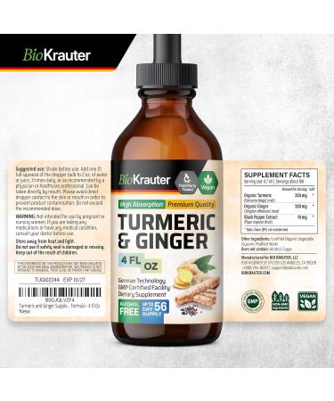 BIO KRAUTER Turmeric and Ginger Supplement - Pure Vegan Liquid Turmeric & Ginger Tincture with Pepper 4 Fl.Oz 56 Days of Supply - Curcumin Drops for Joint Support Antioxidant & Immune Support 4 Fl Oz (Pack of 1) - Buy Online on GoSupps.com