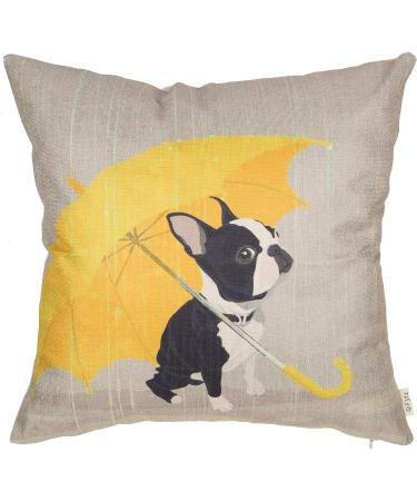 Fjfz Boston Terrier with Yellow Umbrella Dog Lover Decor Gift Cute Funny Decoration Cotton Linen Home Decorative Throw Pillow Case Cushion Cover for Sofa Couch, 18" x 18"