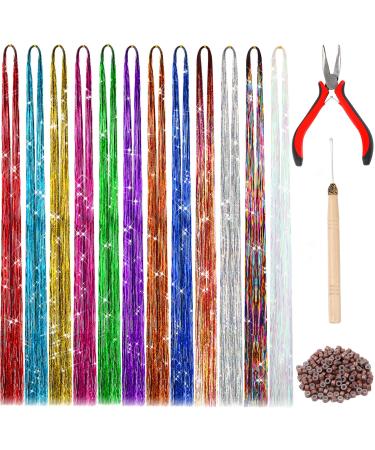 FEBSNOW 47 Inches Tinsel Hair Extension with Tool 2400 Strands 12 Mixed Colors Hair Extension Tinsel Kit Glitter Hair Extensions for Women Girls Hair Accessories for Christmas New Year Halloween Cosplay Party Multi 12 colo - Buy Online on GoSupps.com