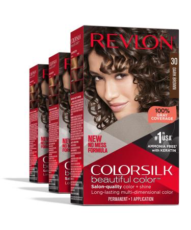 Permanent Hair Color by Revlon, Permanent Brown Hair Dye, Colorsilk with 100% Gray Coverage, Ammonia-Free, Keratin and Amino Acids, Brown Shades, 30 Dark Brown (Pack of 3) - Buy Online on GoSupps.com