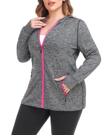 COOTRY Womens Plus Size Workout Jackets Full Zip Up Lightweight Athletic Running Hoodies with Thumb Holes A-thumb Holes Gray 2X