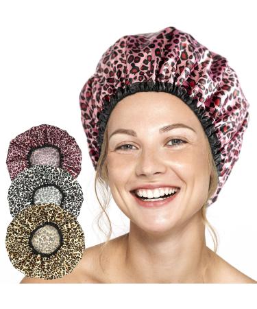 Shower Caps for Women 3 Pack in Different Designs - Large Opening for Short and Long Hair - Reusable Bath Hair Cap for Ladies, Men and Kids Leopard Print