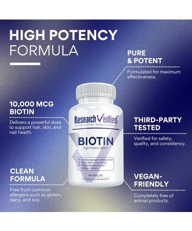 Research Verified Biotin Pure Extra Strength Biotin 10000mcg Hair Skin and Nails Vitamin Third-Party Tested Made in USA 60 Vegan Tablets 60 Count (Pack of 1) - Buy Online on GoSupps.com