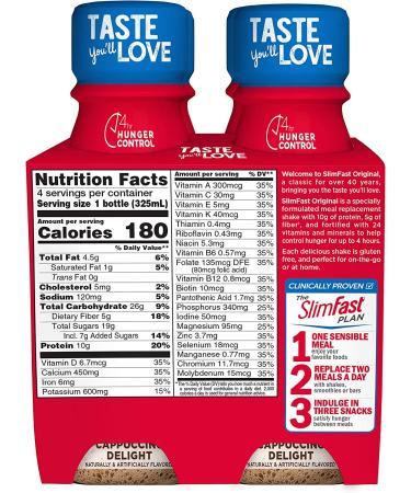 SlimFast Meal Replacement Shake  Original Cappuccino Delight  10g of Ready to Drink Protein for Weight Loss  11 Fl. Oz Bottle  4 Count Cappuccino Delight 4 Count (Pack of 1) - Buy Online on GoSupps.com