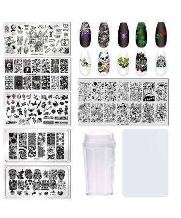Bellelfin Nail Stamper Kit 6pcs Halloween Nail Stamping Plate Skull Devil Spider Image Template with Nail Art Stamp and Scraper for Salon Home DIY Manicure Style B