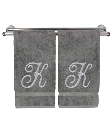 Monogrammed Washcloth Towel  Personalized Gift  13x13 Inches - Set of 2 - Silver Script Embroidered Towel - Extra Absorbent 100% Turkish Cotton - Soft Terry Finish - Initial K Gray 2 Washcloths - Script Initial K Gray & ...
