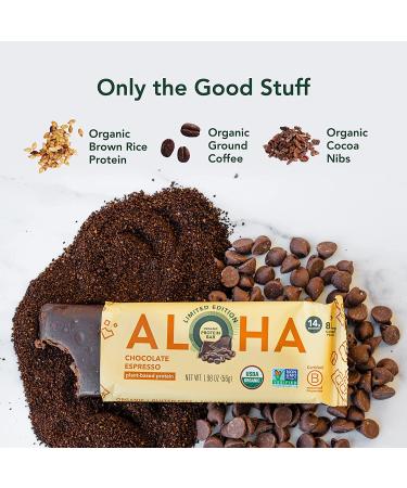 ALOHA Organic Chocolate Espresso Protein Bars - 12 Bars | Vegan, Low Sugar, Gluten-Free, Paleo, Low Carb, Non-GMO | 85mg Caffeine, No Stevia or Erythritol - Buy Online on GoSupps.com