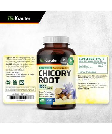 BIO KRAUTER Chicory Root for Gut & Digestive Support - Pure Vegan Prebiotics & Fiber Supplement in Capsules 1200 mg per Serving 250 Count - No Fillers Non-GMO - 62 Days of Supply 250 Count (Pack of 1) - Buy Online on GoSupps.com