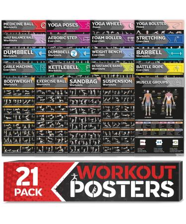 21-PACK Laminated Large Workout Poster Set - Perfect Workout Posters for Home Gym - Exercise Charts Incl. Dumbbell Yoga Poses Resistance Band Kettlebell Stretching & More Fitness Gym Posters