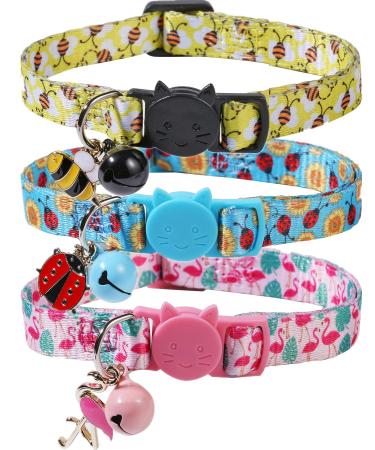 BoomBone Cat Collar Breakaway with Bell and Cute Animal Pendants, 3 Pack Bee Flamingo Beetle Spring Kitten Collar