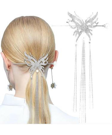 Ypkia 3D Large Butterfly Tassel Hair Stick Silver Hair Sticks Vintage Rhinestone Pearl Hair Pin Shiny Hair Stick for Women and girls