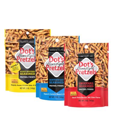 Dot's Homestyle Pretzels 5 Ounce Snack Size Individual Packs Seasoned Pretzel Twists (Variety Pack, 5 Ounce (Pack of 3)) Variety Pack 5 Ounce (Pack of 3)
