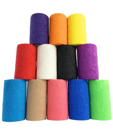 Inksafe Assorted Colours Self Adherent Cohesive Bandages 10cm x 4.5m Box of 12 - Uses Include Vet Wrap Tape for Human Wrist and Ankle Sprains and Sports Injuries