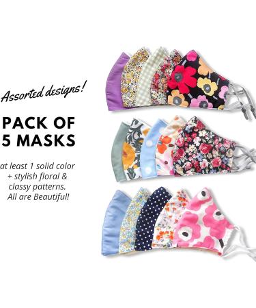 Stylish Reusable Cotton Face Masks for Women with Filter Pocket - Pack of 5 | Handmade Floral Pattern Designs | Adjustable Ear Straps - Buy Online on GoSupps.com