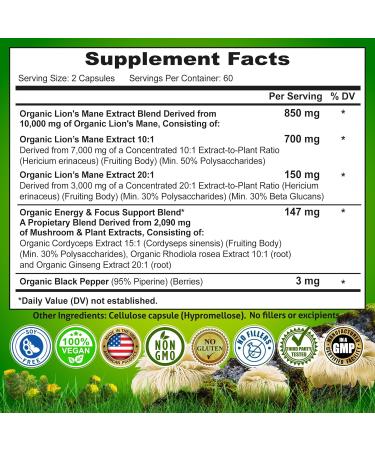 Organic Lion's Mane Supplement Capsules - Contains Naturally Occurring Beta Glucans & Polysaccharides, Enhanced with Organic Energy & Focus Support Blend: Cordyceps, Rhodiola Rosea, Ginseng, 120 Count Lion's Mane + - Buy Online on GoSupps.com