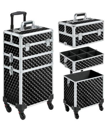 Yaheetech Rolling Makeup Train Case 3 in 1 Cosmetic Case Professional Makeup Suitcase Large Aluminum Cosmetic Trolley with Swivel Wheels and Key Diamond Pattern- Black 3 in 1 Black