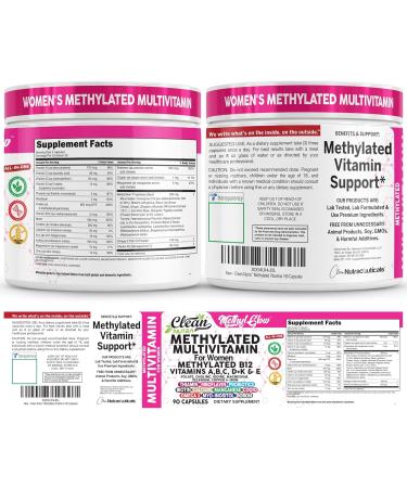 Methylated Multivitamin for Women Vitamins B6 Methyl B12 A B C D K E Folate Choline Omega 3 Thiamine Riboflavin Iron Iodine Magnesium Zinc Selenium Copper Calcium 90 Capsules by Clean Nutra - Buy Online on GoSupps.com