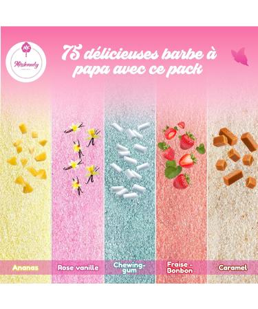 Misskandy Candy Floss Sugar for Machine/ Pack of 5 x 300 g 1.5 kg / Flavours: Strawberry Vanilla Pineapple Caramel Chewing Gum/Powder Barbapapa + 50 Sticks of 30 cm (Gift) (Gold Pack) - Buy Online on GoSupps.com