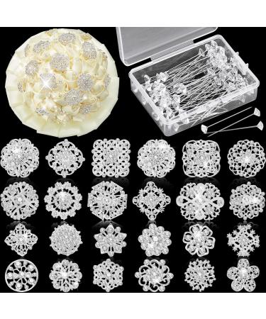 124 Pcs Bouquet Pins Flower Brooch Rhinestone Brooches Diamond Pins for Flowers Crystal Corsage Pins Boutonniere Pin Crystal Stick Pins Embellishments for Crafting Wedding Decor Supplies(Silver)
