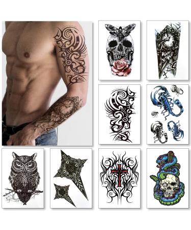 Temporary Tattoos For Men Guys Boys & Teens - Fake Half Arm Tattoos Sleeves For Arms Shoulders Chest Back Legs Cross Skull Owl Clock Scorpion Rose Realistic Waterproof Transfers 8 Sheets 8x6 Saturn