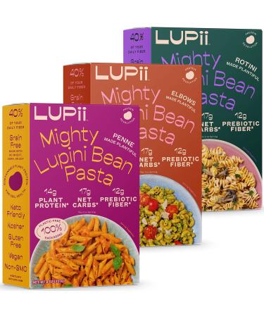 Lupii Lupini Bean Pasta - High Fiber, High Protein, Low Carb Pasta - Low Calorie Pasta Noodle - Variety Pack with Elbows, Rotini & Penne Pasta - Vegan, Gluten-Free, Keto-Friendly Pasta 8oz, Pack of 3 Variety Pack 8 Ounce (Pack of 3)