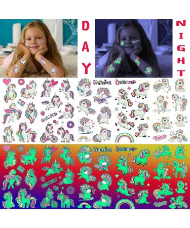 Bilizar Unicorn Glow in The Dark Temporary Tattoos - 15 Sheets | Luminous Waterproof Fake Tattoo Stickers for Kids | Fun & Cute Designs | Birthday Party Favor - Buy Online on GoSupps.com