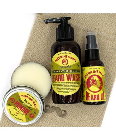 Medicine Man's Beard & Mustache Care Kit: Itchy Beard Wash 4 7 FL OZ Anti Itch Beard Oil 2 FL OZ Beard & Mustache Balm 2 FL OZ - in a Mustache Stamped Linen Pouch