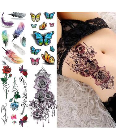 56 Colorful Rose Flowers Feather Butterfly Temporary Tattoos for Women - Sexy Floral Blossom Tattoo Sticker Kit - Buy Online on GoSupps.com
