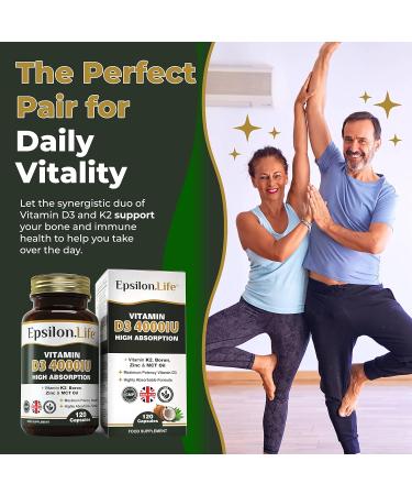 Vitamin D3 K2 Zinc Supplement - High Strength Formula with Vitamin K2 Mk7, Zinc, Boron, and MCT Oil - 4000IU - 120 Capsules - Made in the UK - Buy Online on GoSupps.com