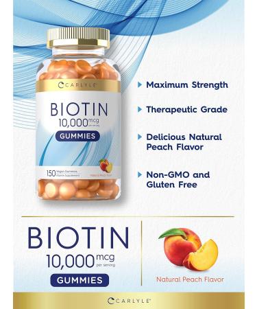 Carlyle Biotin 10000mcg Gummies | 150 Count Peach Flavor Supplement | Vegan Non-GMO Gluten Free - Buy Online on GoSupps.com