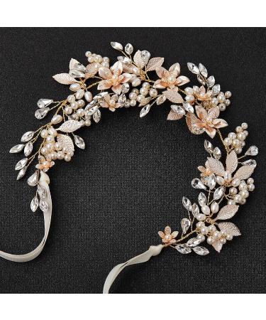SWEETV Handmade Rhinestone Wedding Headband Flower-Leaf Bridal Headpiece | Gold Pearl Hair Accessory - Buy Online on GoSupps.com