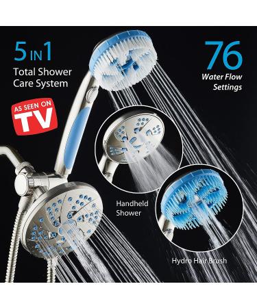 AquaCare 5-in-1 Aquassage High Pressure 76-mode Shower Head Combo with Hand Shower, Body Brush & Hair Brush - Satin Nickel Finish, Extra-long Stainless Steel Hose, Two Brackets Included - Buy Online on GoSupps.com