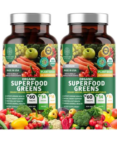 2-Pack N1N Premium Organic Green Superfood, Fruits & Veggies 28 Powerful Ingredients Natural Supplement with Alfalfa, Beet Root & Tart Cherry for Energy, Immunity, Digestion, Made in USA, 120 Ct