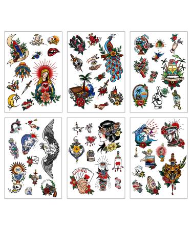 60pcs - 6 Sheets Classic Temporary Tattoos Old School Stickers Vintage Flower Arm Rose Tattoo Swallows Tattoos Butterflies Tattoos Swords intage Temporary Tattoo for Men Women Waterproof Temporary Tattoos