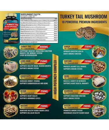 Tenmido 10-in-1 Turkey Tail Mushroom Extract 5050mg with Lions Mane, Cordyceps, Reishi & More - 3 Months Supply | Supports Digestive Function & Immune System - Buy Online on GoSupps.com