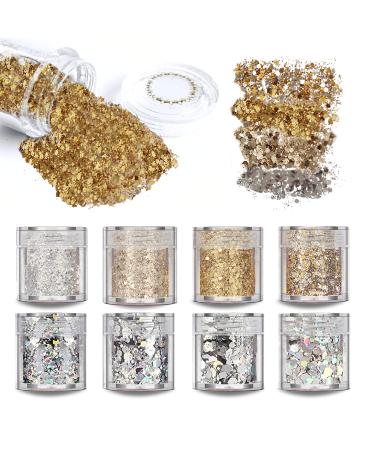 SAIFTRAD Glitter- 8 Jars Gold Silver Holographic Cosmetic Chunky Sequins Glitter Paillette for Body, Face, Eyes, Hair, Nail Art & DIY (Gold, Silver) - with Nail Brush Sponge LASER GOLD SILVER