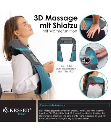 Kesser Neck & Shoulder Shiatsu Massage Device with Heat - 3D Massage for Back Legs & Feet - Portable Gray/Turquoise - Buy Online on GoSupps.com