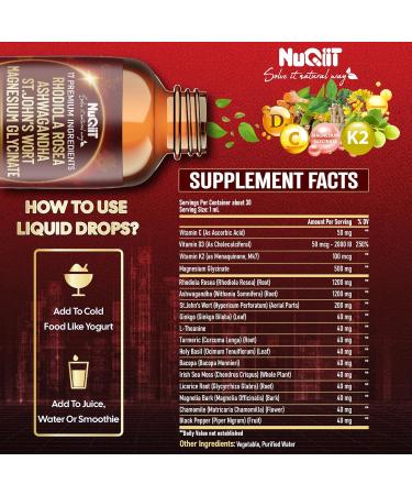 NUQIIT 17in1 Rhodiola Rosea Liquid Drops Tincture w/Ashwagandha Magnesium L-Theanine. Ultra Rhodiola Cortisol Supplement Rhodiola Root for Mood Energy - 1 FL Oz - 60 Day Supply - Buy Online on GoSupps.com